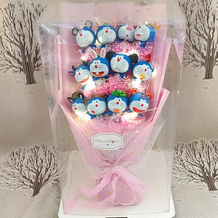 Charming Cartoon Plush Bouquet: Lilo, Stitch, and Doraemon Characters with Fake Flowers