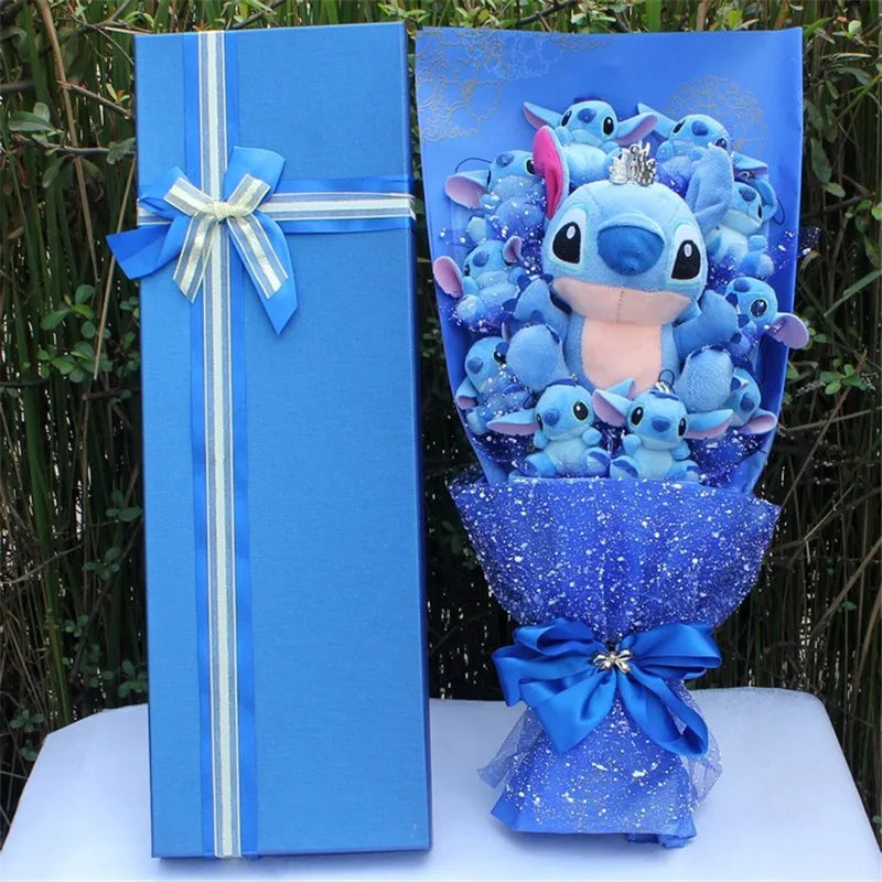 Charming Cartoon Plush Bouquet: Lilo, Stitch, and Doraemon Characters with Fake Flowers