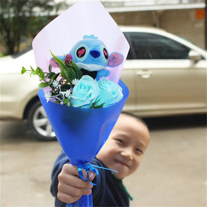 Charming Cartoon Plush Bouquet: Lilo, Stitch, and Doraemon Characters with Fake Flowers