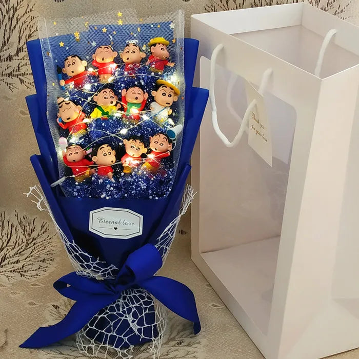 Charming Cartoon Plush Bouquet: Lilo, Stitch, and Doraemon Characters with Fake Flowers