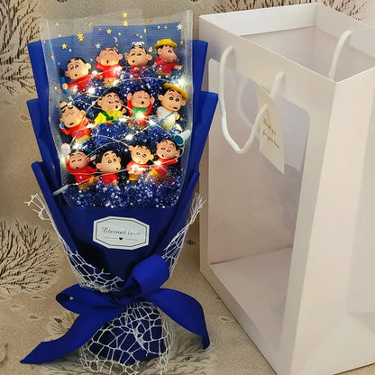 Charming Cartoon Plush Bouquet: Lilo, Stitch, and Doraemon Characters with Fake Flowers