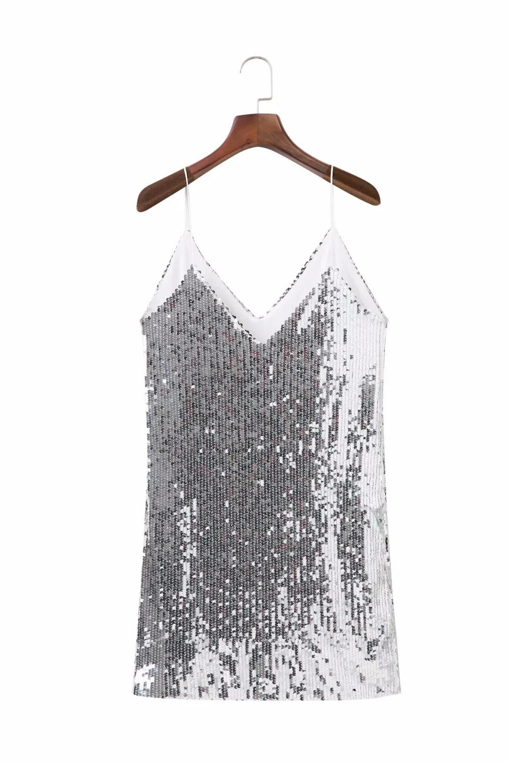 Radiant Elegance: Silver Sequined Deep V-Neck Mini Dress