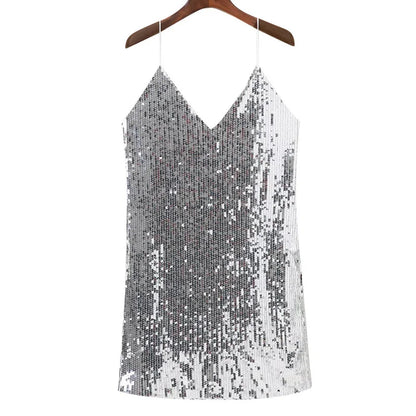 Radiant Elegance: Silver Sequined Deep V-Neck Mini Dress