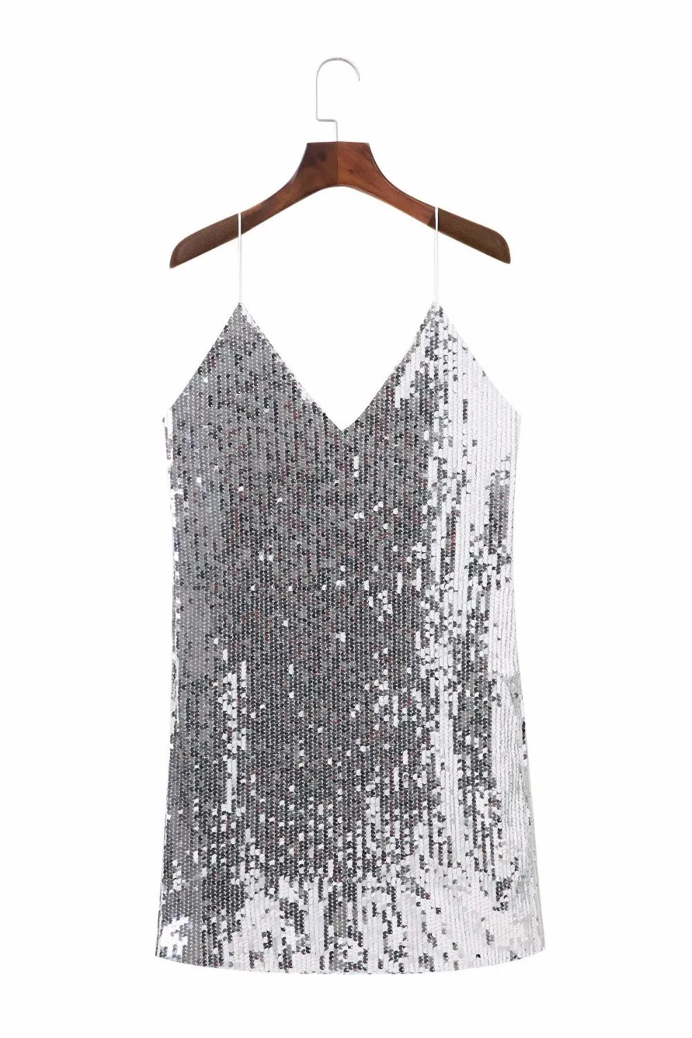 Radiant Elegance: Silver Sequined Deep V-Neck Mini Dress