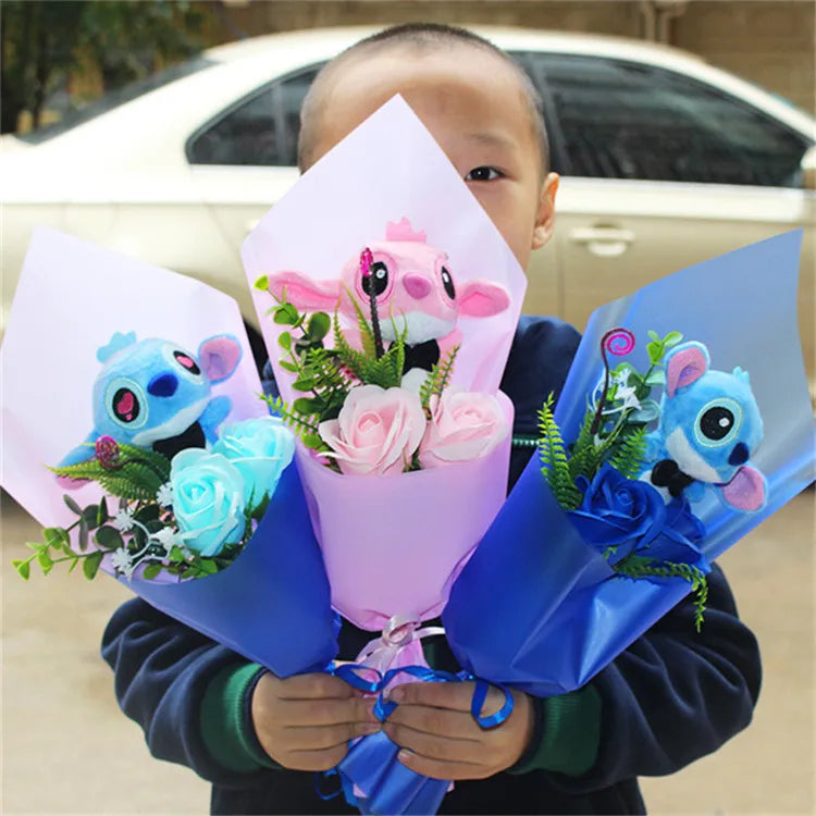 Charming Cartoon Plush Bouquet: Lilo, Stitch, and Doraemon Characters with Fake Flowers