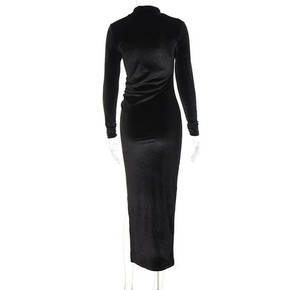 2022 Autumn Winter Women Solid Velvet Long Sleeve Ruched Midi Dress Side Slit Bodycon Sexy Streetwear Party Elegant Club