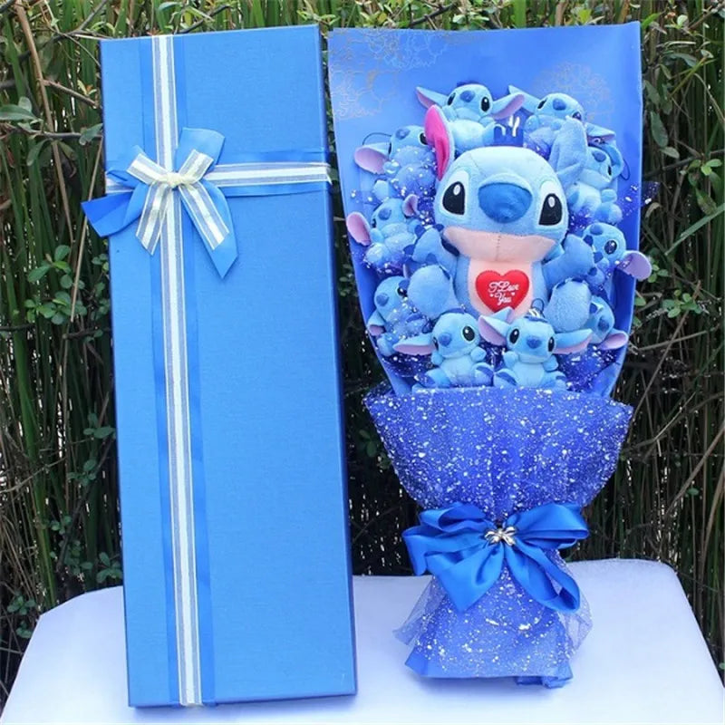 Charming Cartoon Plush Bouquet: Lilo, Stitch, and Doraemon Characters with Fake Flowers