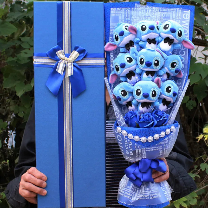 Charming Cartoon Plush Bouquet: Lilo, Stitch, and Doraemon Characters with Fake Flowers