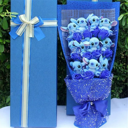 Charming Cartoon Plush Bouquet: Lilo, Stitch, and Doraemon Characters with Fake Flowers