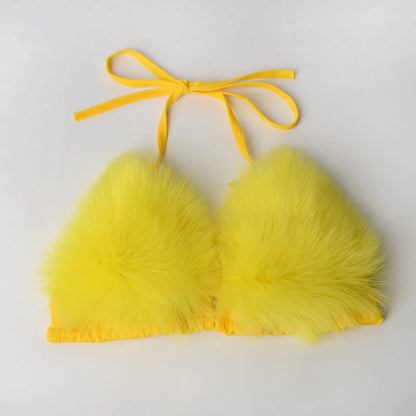 Luxurious Fur Elegance: New Solid Color Split Bikini