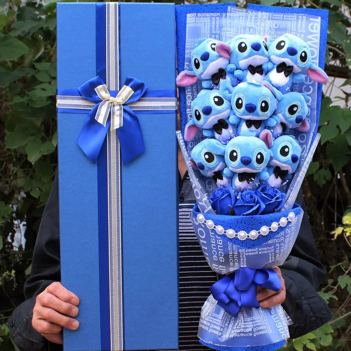 Charming Cartoon Plush Bouquet: Lilo, Stitch, and Doraemon Characters with Fake Flowers