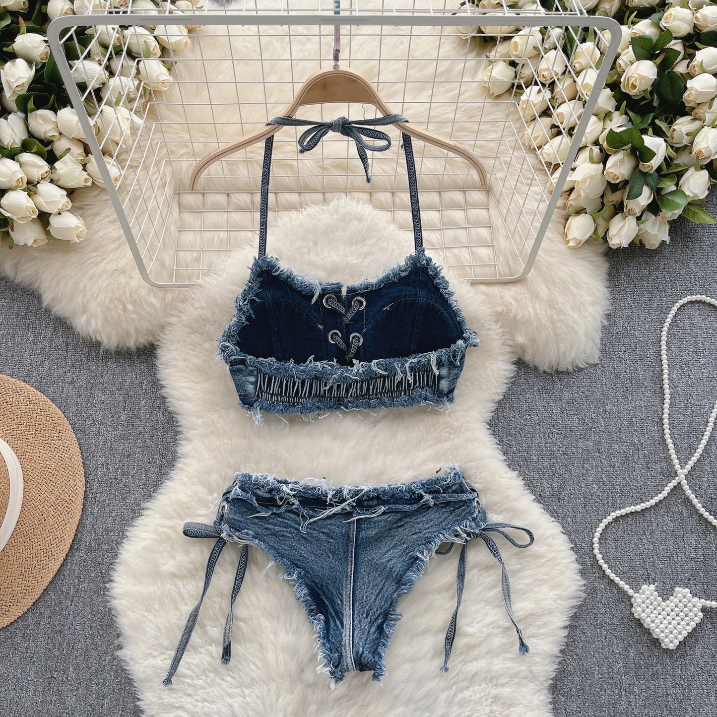 Vintage Vibes Denim Bikini Set - Retro Summer Halter Camis + Mini Pant