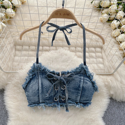 Vintage Vibes Denim Bikini Set - Retro Summer Halter Camis + Mini Pant