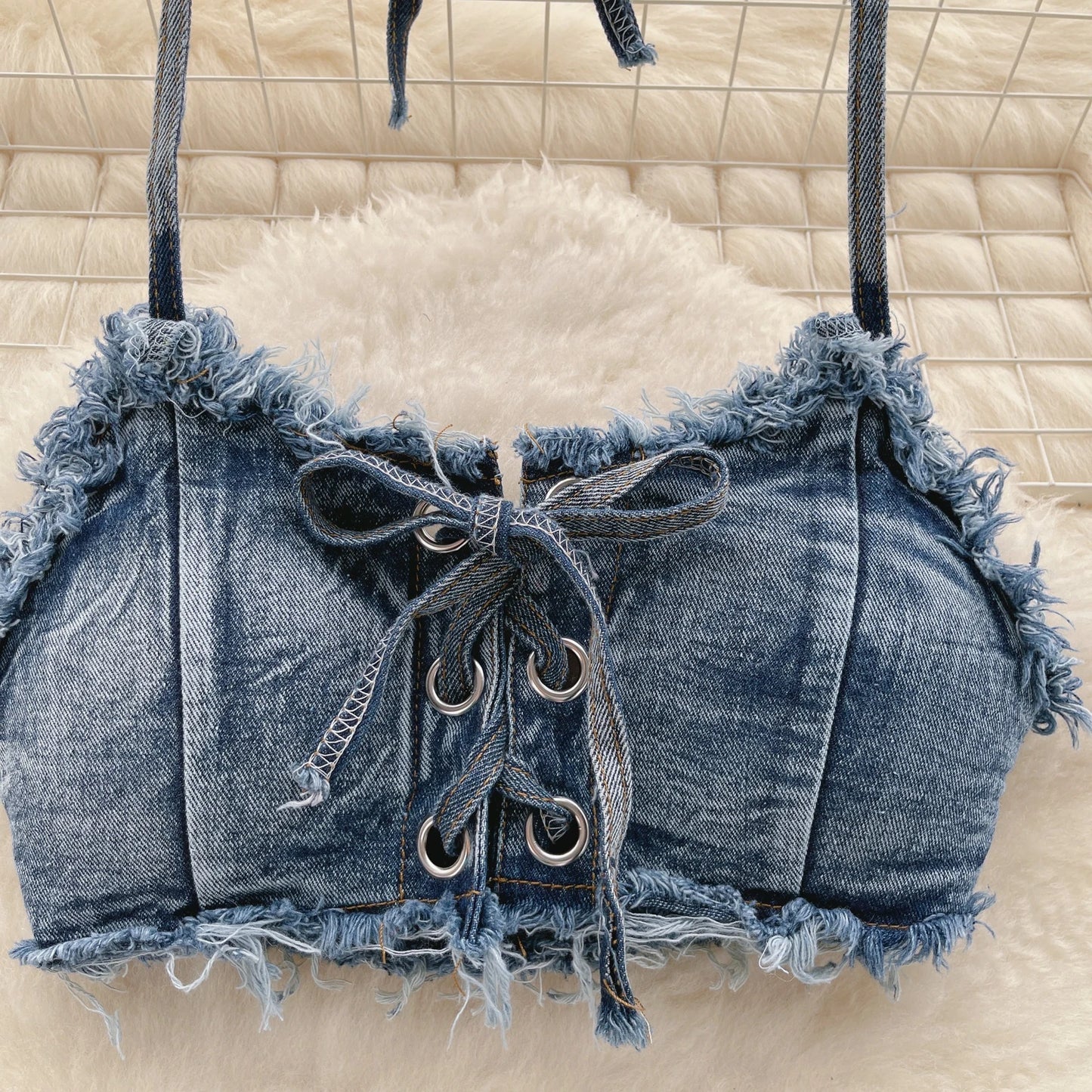 Vintage Vibes Denim Bikini Set - Retro Summer Halter Camis + Mini Pant