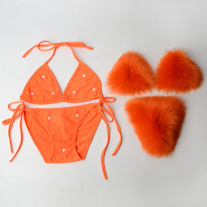 Luxurious Fur Elegance: New Solid Color Split Bikini