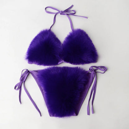 Luxurious Fur Elegance: New Solid Color Split Bikini