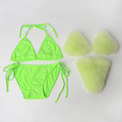 Luxurious Fur Elegance: New Solid Color Split Bikini