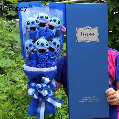 Charming Cartoon Plush Bouquet: Lilo, Stitch, and Doraemon Characters with Fake Flowers