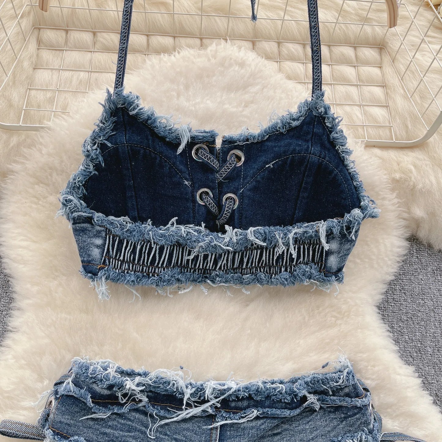 Vintage Vibes Denim Bikini Set - Retro Summer Halter Camis + Mini Pant