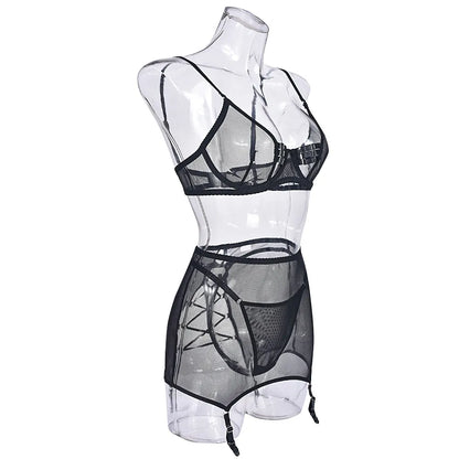 Mesh Cut-Out Lingerie Set with Garter - Black