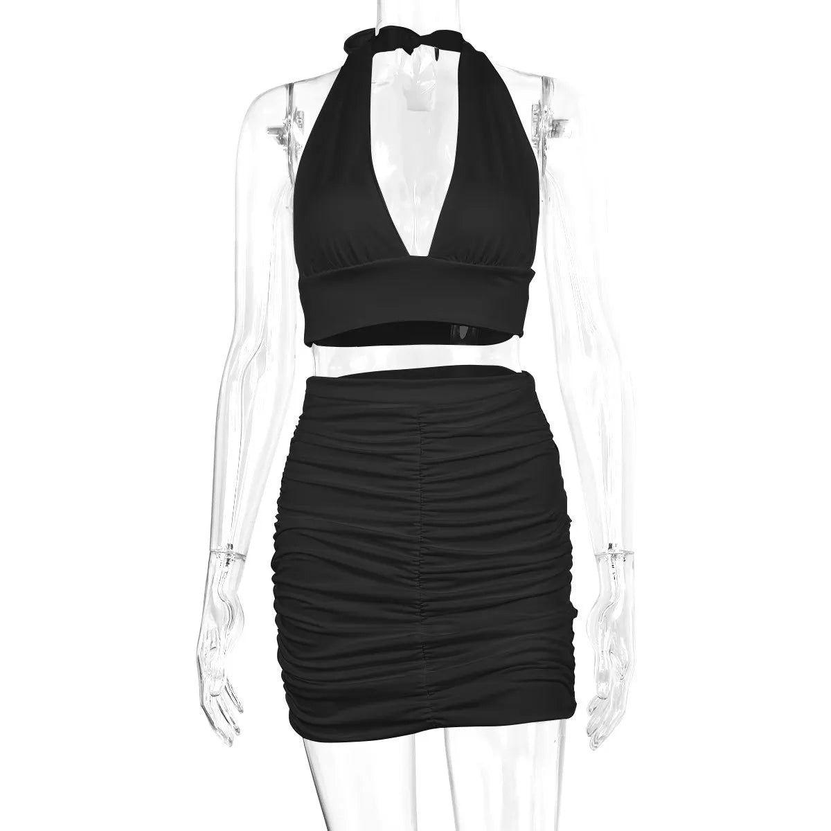 Sultry Elegance 2-Piece Set - Black Deep V Mini Dress Ensemble