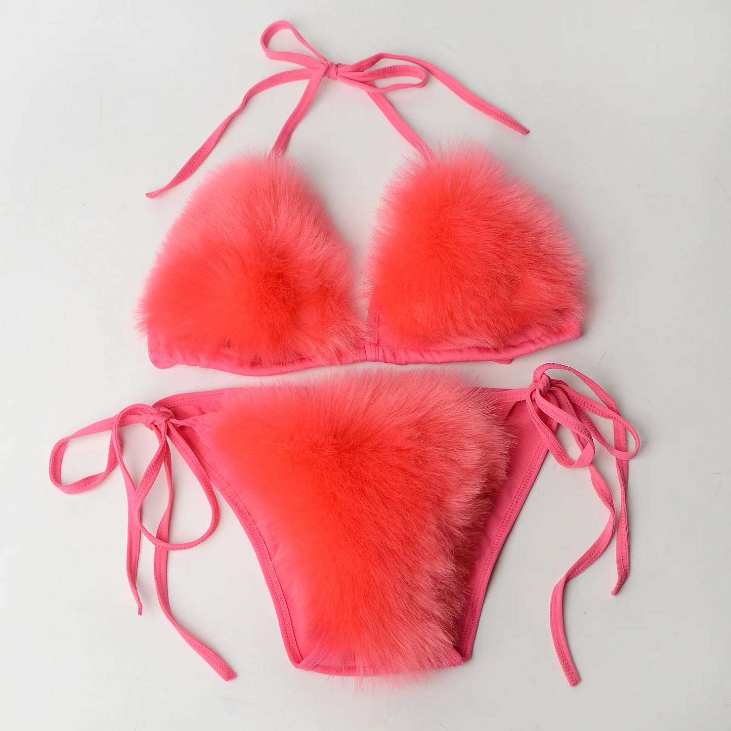 Luxurious Fur Elegance: New Solid Color Split Bikini