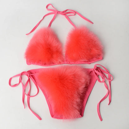 Luxurious Fur Elegance: New Solid Color Split Bikini