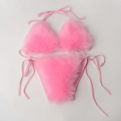 Luxurious Fur Elegance: New Solid Color Split Bikini