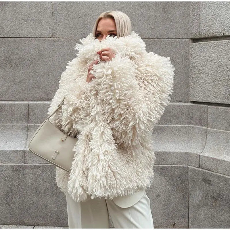 Elegant Turndown Collar Faux Fur Coat