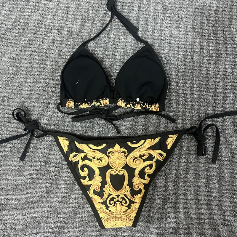 Golden Blossom: New Floral Print Two-Piece Bikini Set 2023