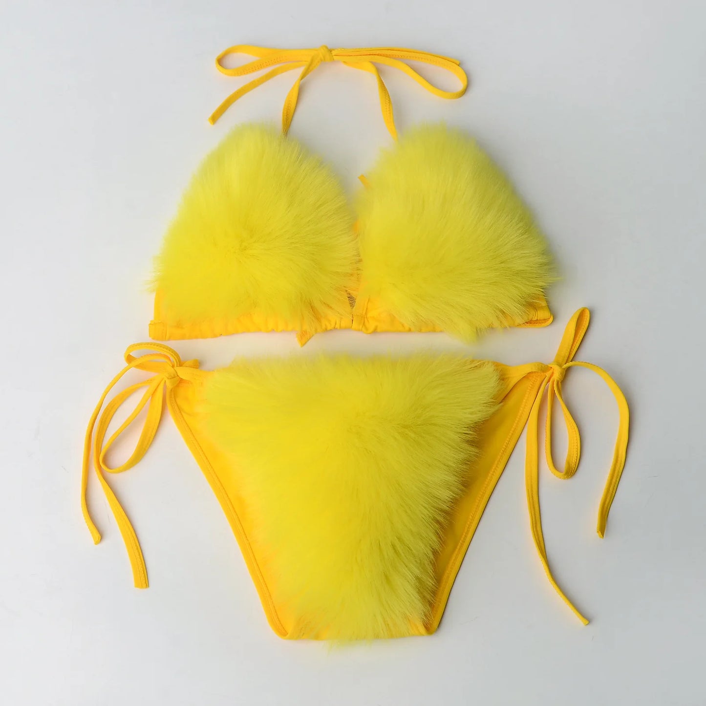 Luxurious Fur Elegance: New Solid Color Split Bikini