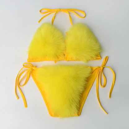 Luxurious Fur Elegance: New Solid Color Split Bikini