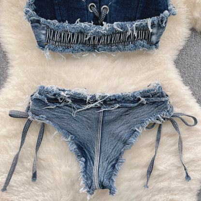 Vintage Vibes Denim Bikini Set - Retro Summer Halter Camis + Mini Pant