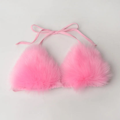 Luxurious Fur Elegance: New Solid Color Split Bikini