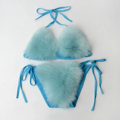 Luxurious Fur Elegance: New Solid Color Split Bikini