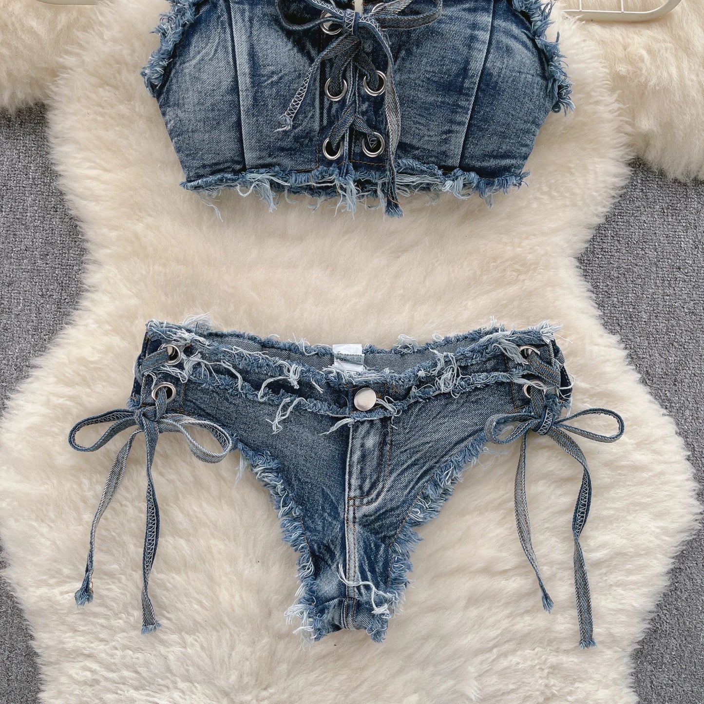 Vintage Vibes Denim Bikini Set - Retro Summer Halter Camis + Mini Pant