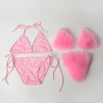 Luxurious Fur Elegance: New Solid Color Split Bikini