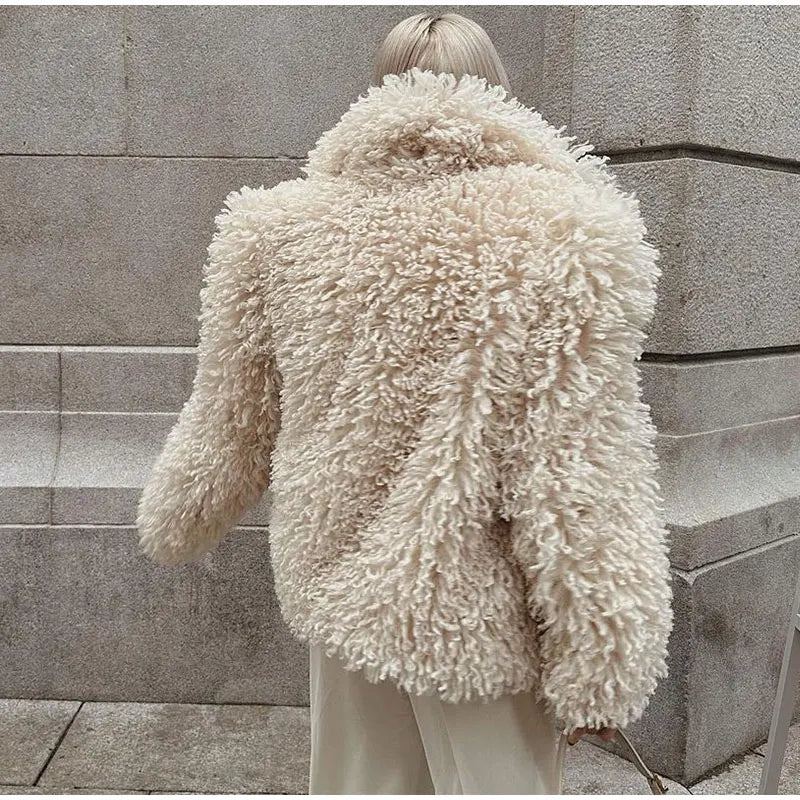 Elegant Turndown Collar Faux Fur Coat