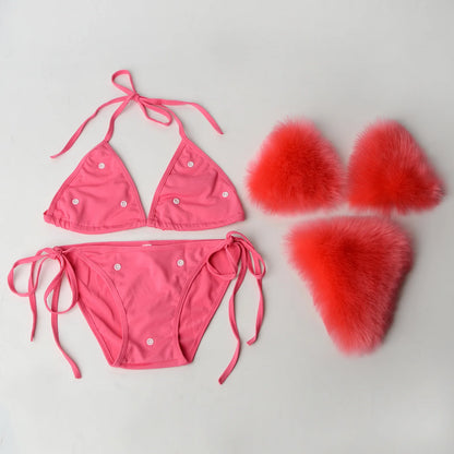 Luxurious Fur Elegance: New Solid Color Split Bikini