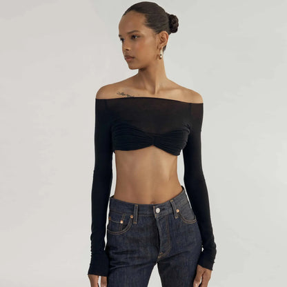 Mozision Mesh Elegance Crop Top - Stylish Short Knit Pullover