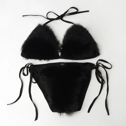 Luxurious Fur Elegance: New Solid Color Split Bikini