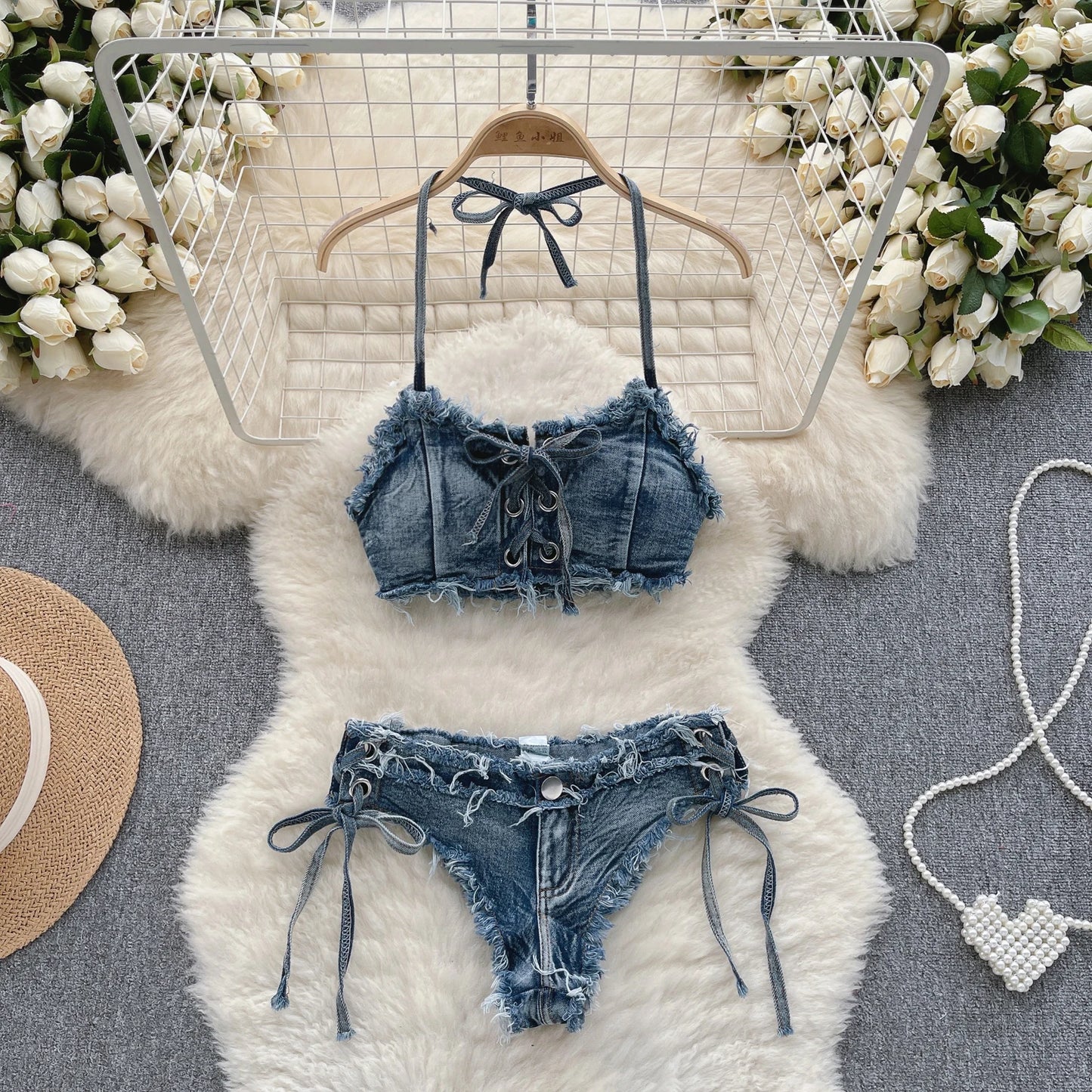 Vintage Vibes Denim Bikini Set - Retro Summer Halter Camis + Mini Pant