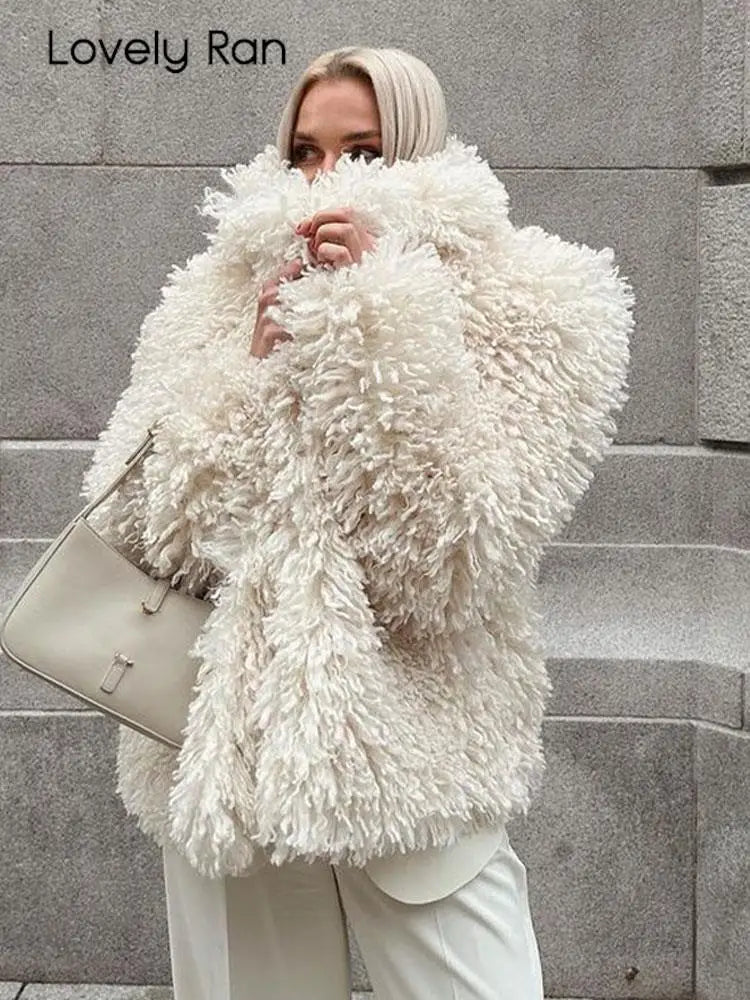 Elegant Turndown Collar Faux Fur Coat