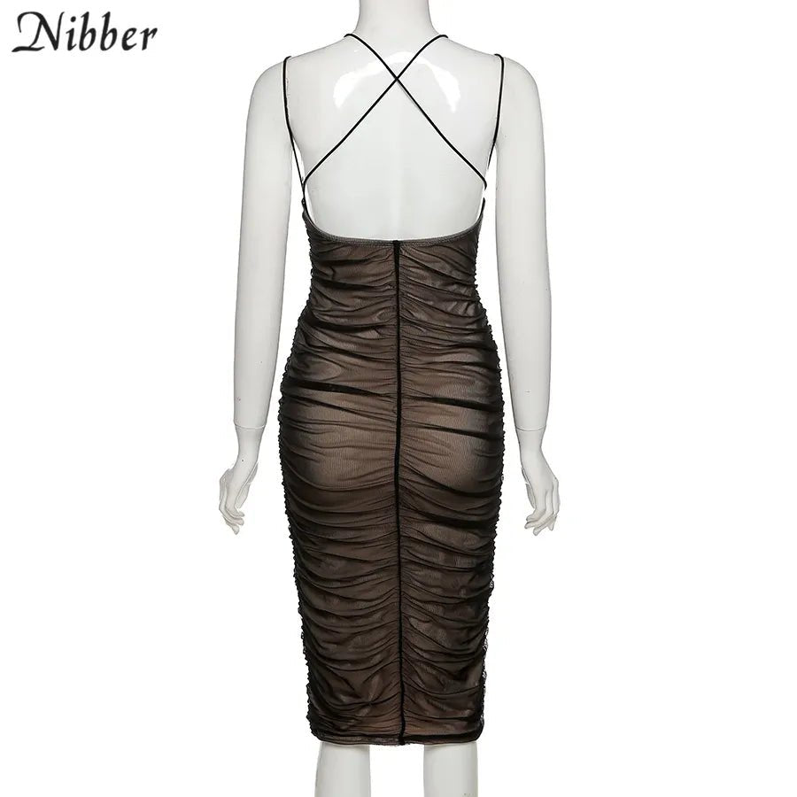 Nibber Elegance: Mesh Pleated Long Prom Dress