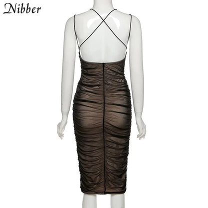 Nibber Elegance: Mesh Pleated Long Prom Dress