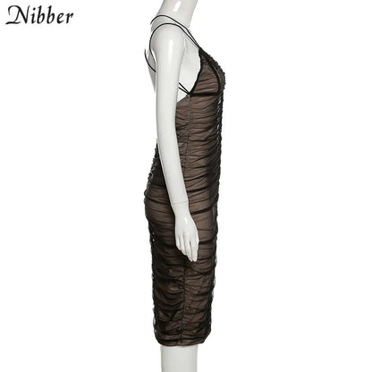 Nibber Elegance: Mesh Pleated Long Prom Dress