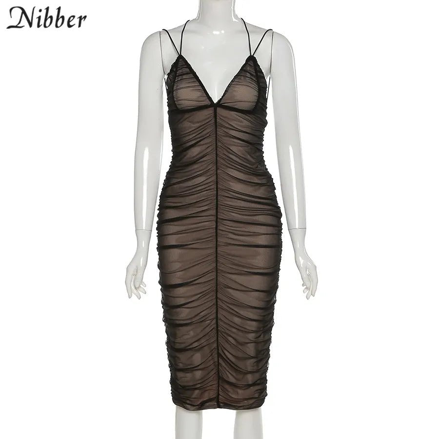 Nibber Elegance: Mesh Pleated Long Prom Dress