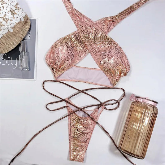 Gilded Glamour: Faux Leather Gold Bikini Set