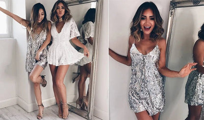 Radiant Elegance: Silver Sequined Deep V-Neck Mini Dress