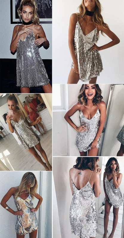 Radiant Elegance: Silver Sequined Deep V-Neck Mini Dress